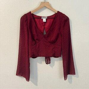 Kirious LA Burgundy Swiss Dot Chiffon Bell Sleeve‎ Tie Back Cutout Crop Top L